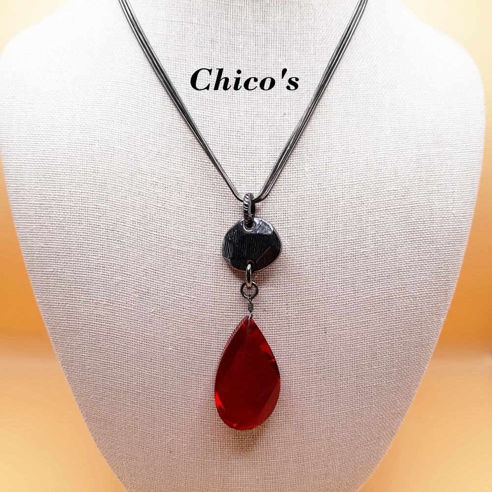 Chico's Red Glass Pendant Necklace, Snake Chains, Gunmetal Gray, 20"